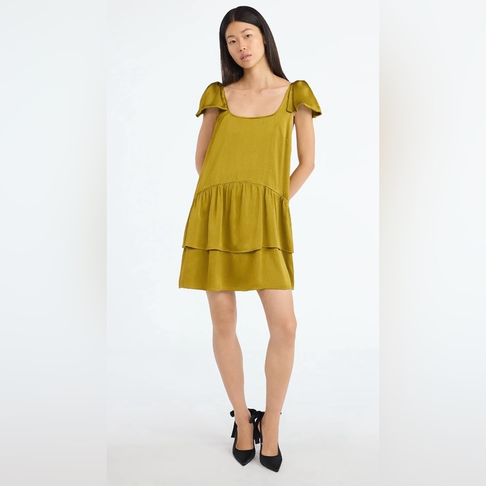 NWT Elegant Olive Green bow shoulders mini Dress